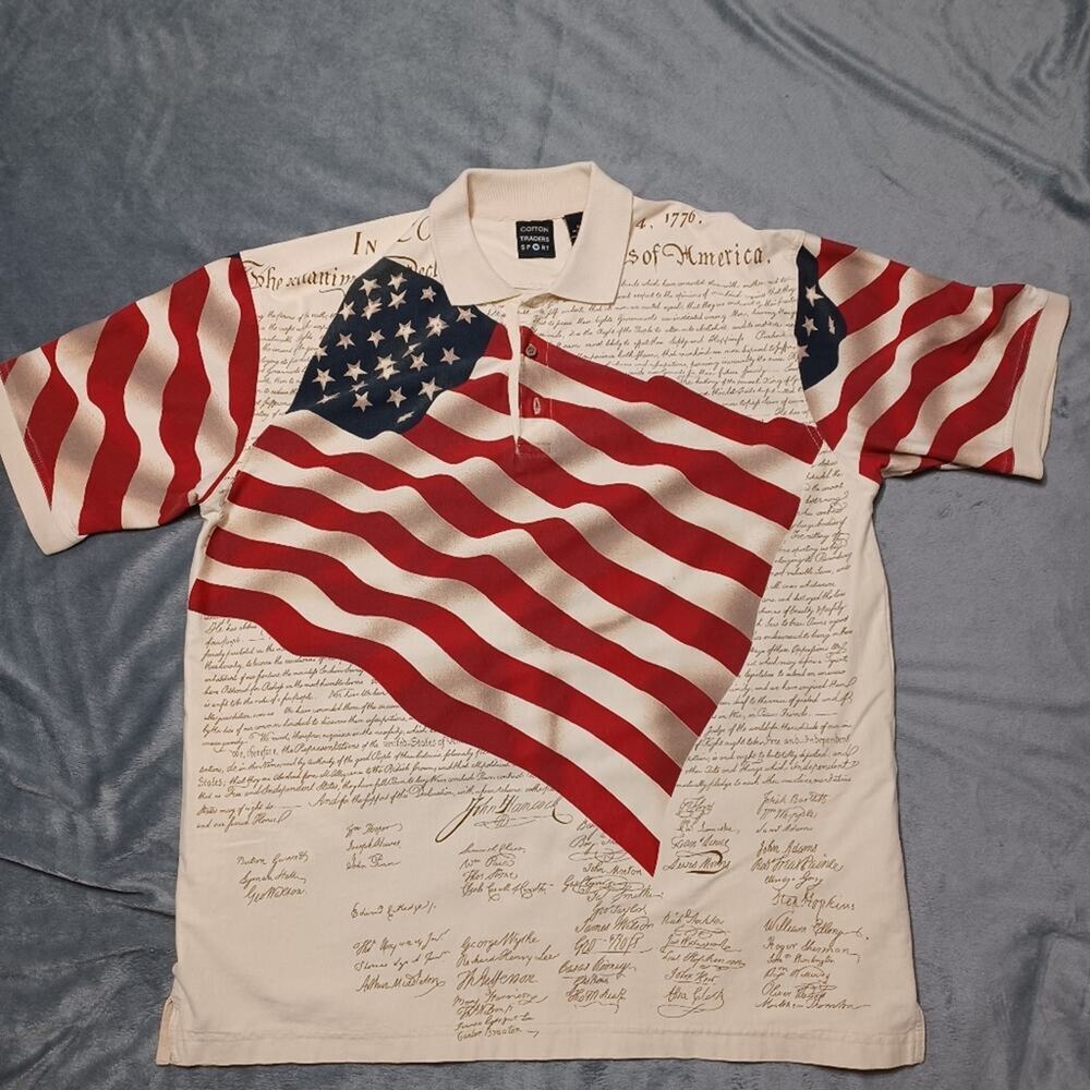 Cotton Traders Shirt‎ Mens XL White Short Sleeve Collar Graphic Flag Print Polo